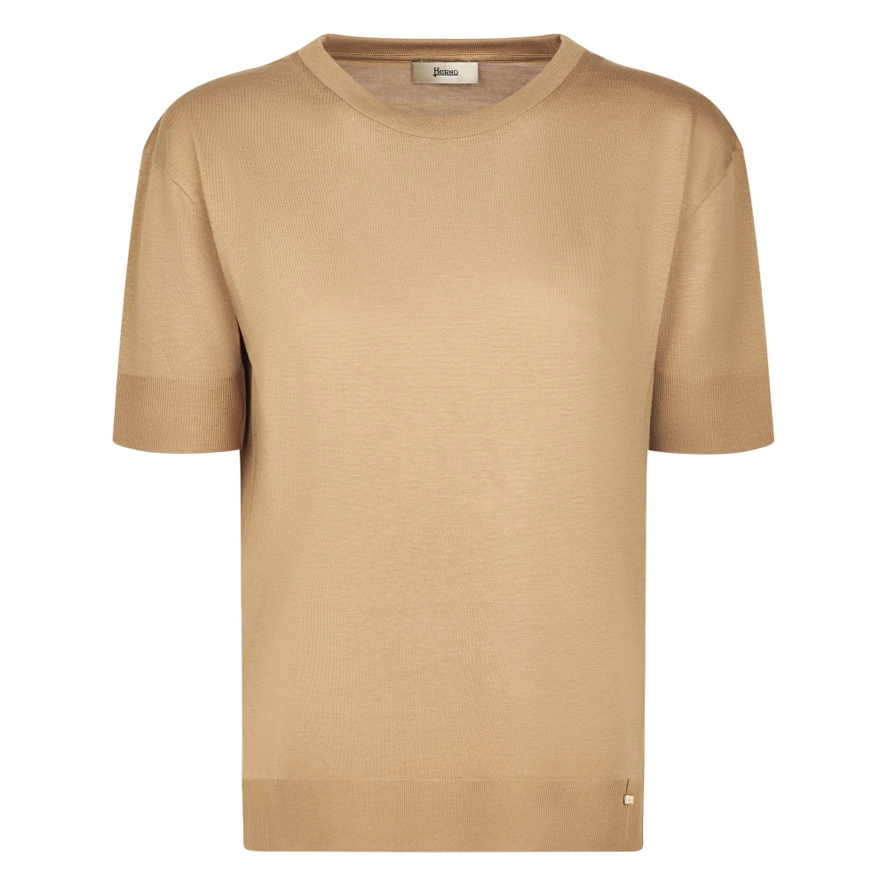 Herno Women's Brown Fine-Knit T-Shirt, Round-Neck Knitwear, M, Knitwear