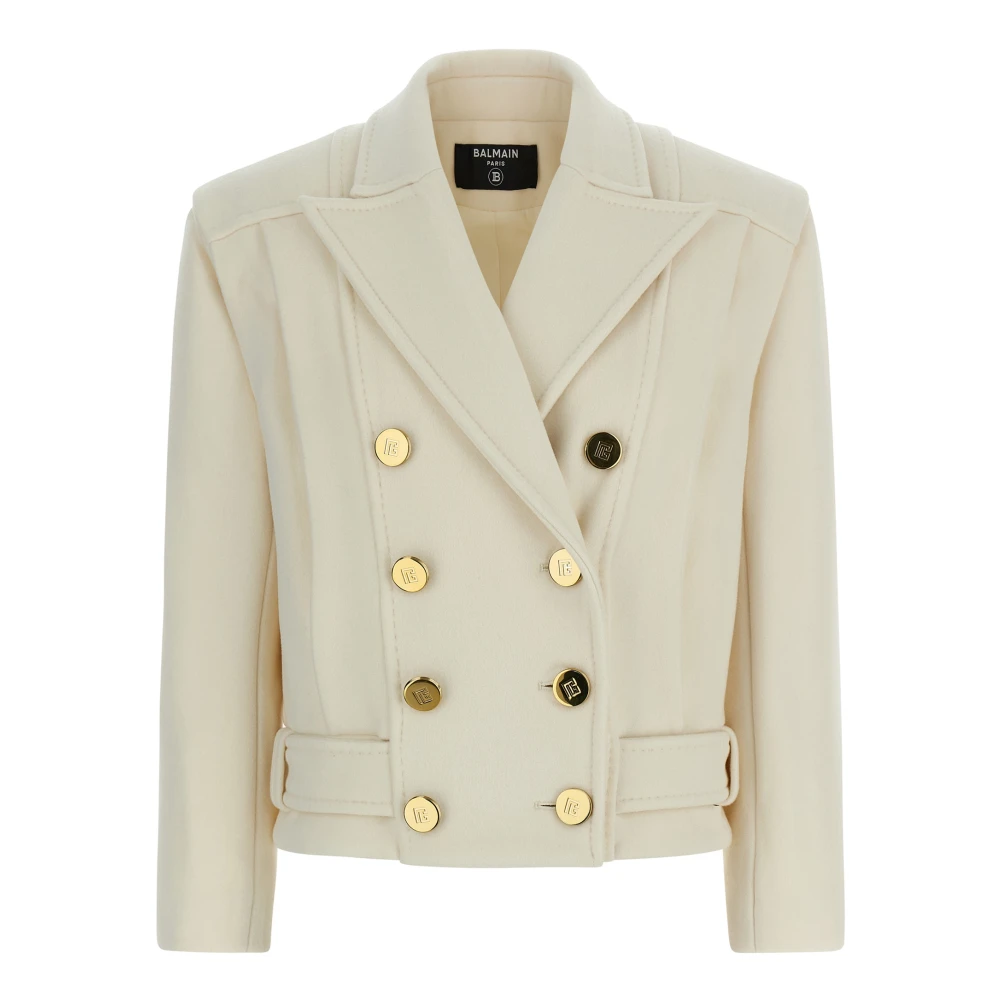 Balmain White Cropped Wool Reefer Jacket - Female - Light Jackets - 2XS - Jackets