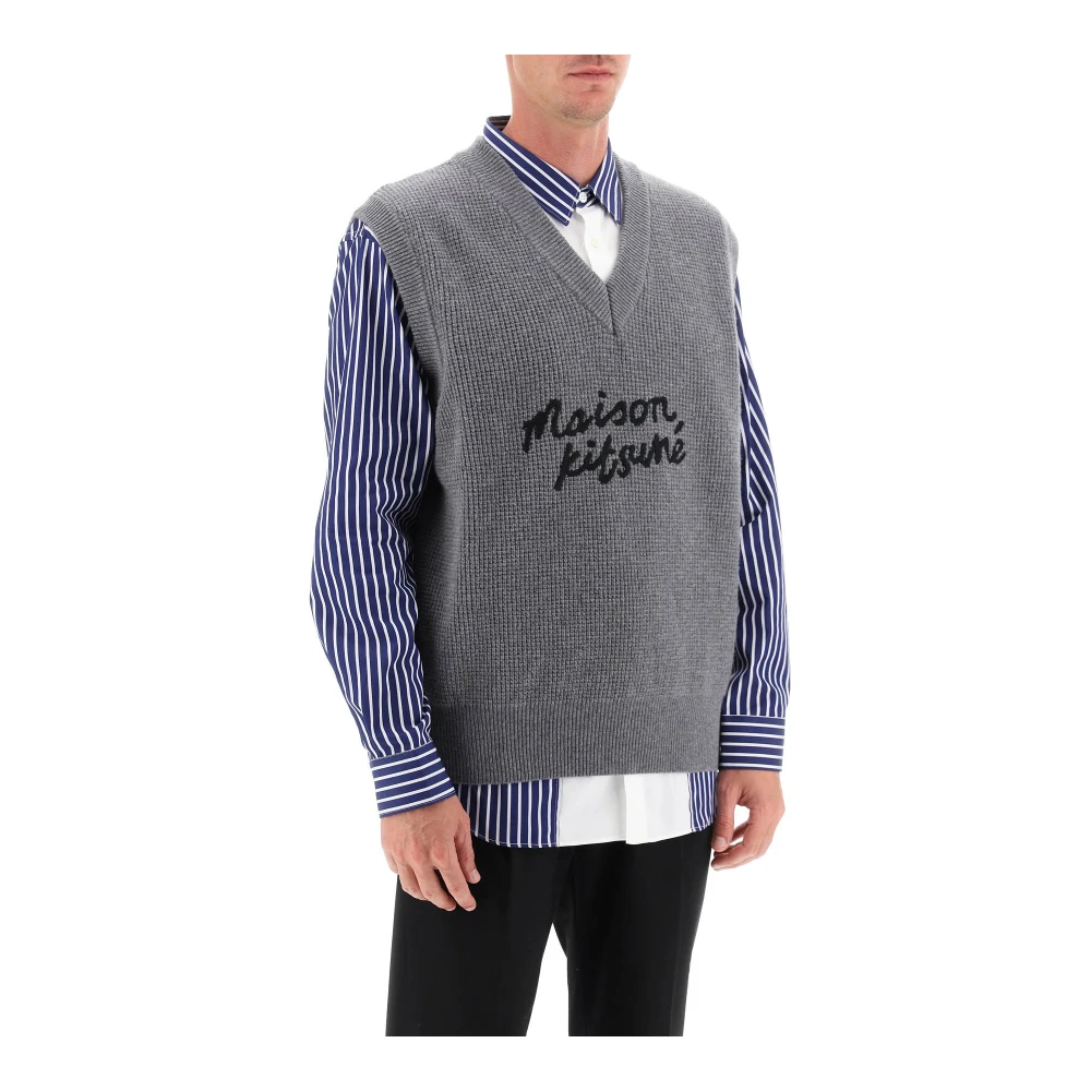 Maison Kitsuné Contrasterende Logo Inlay Wollen Vest Gray Heren