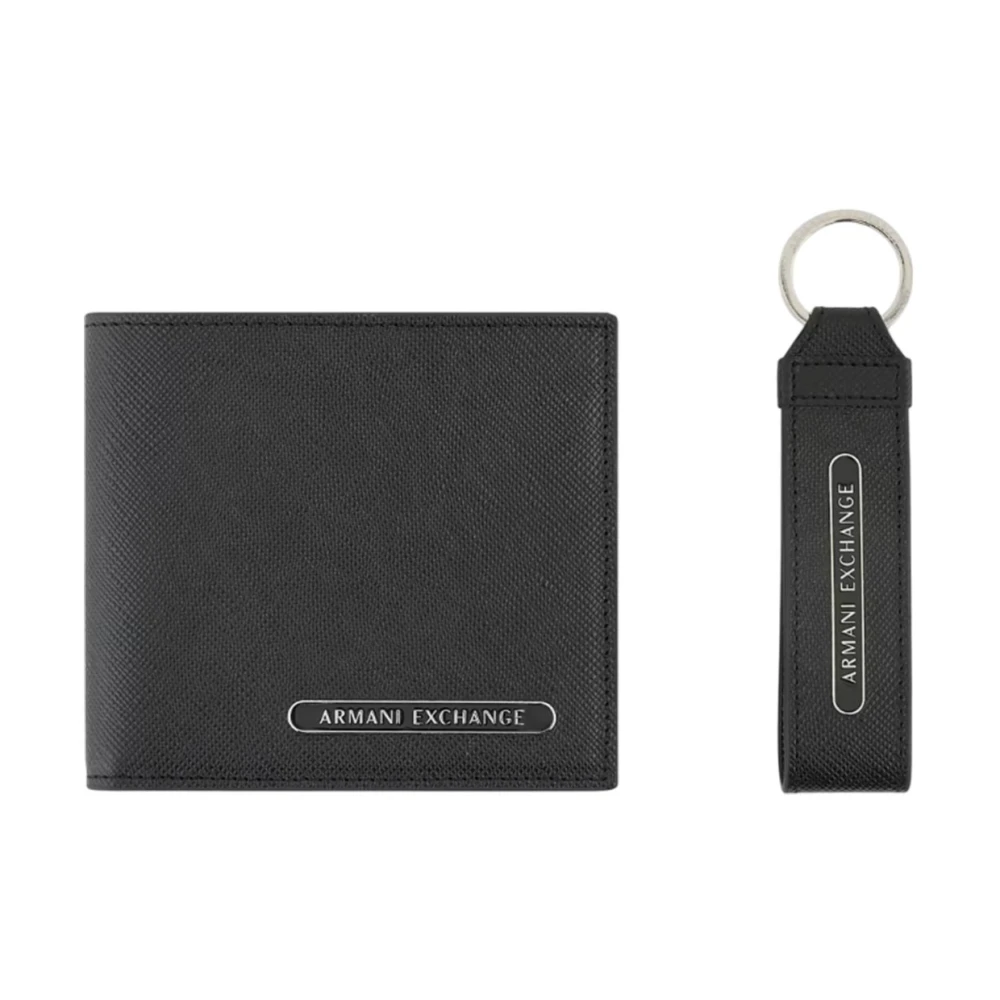 Armani Exchange Mannelijk Zwart Accessoires Heren, One Size, Leer, Leren Portemonnee En Sleutelhanger Set