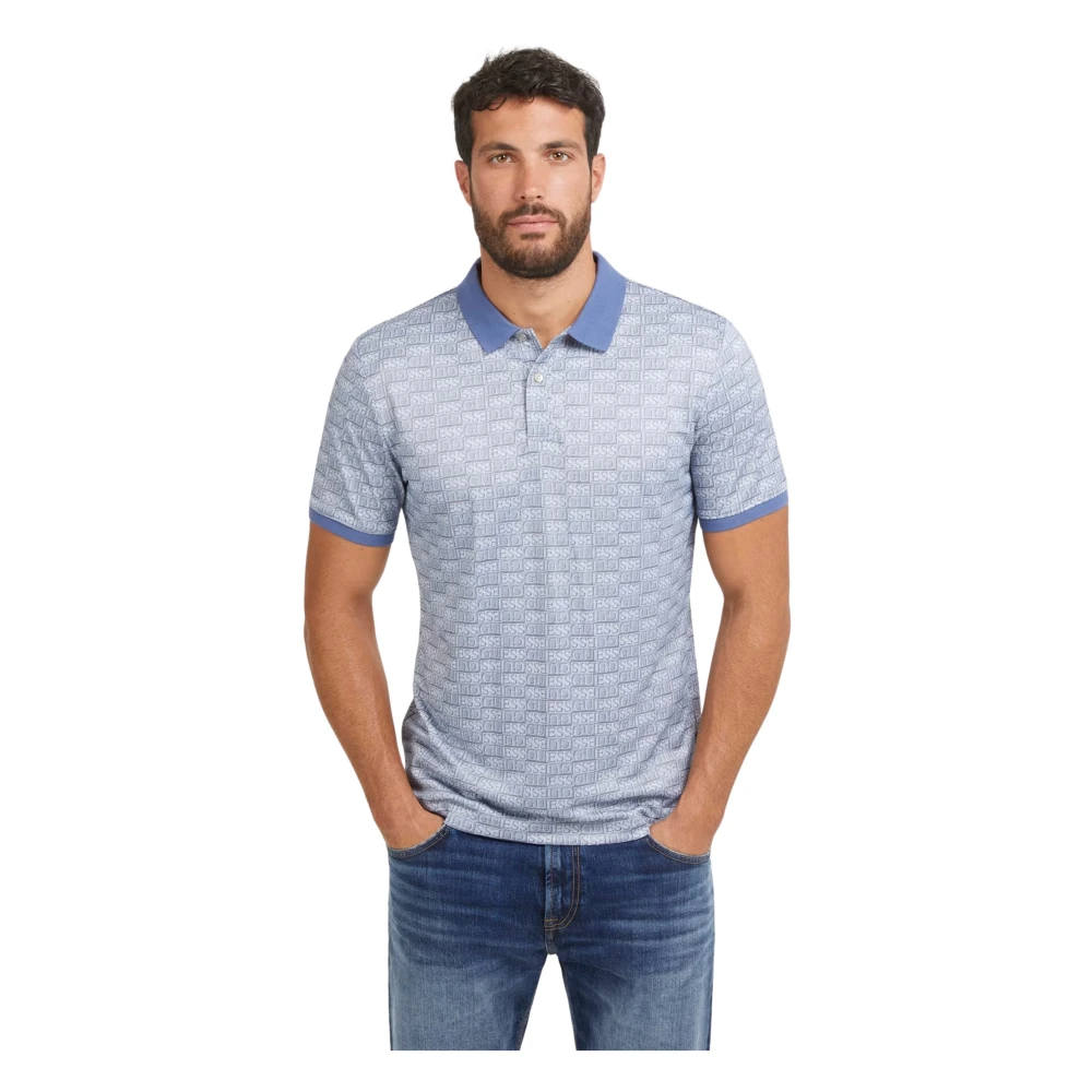 Guess All Over Logo Print Polo Blauw Blue Heren