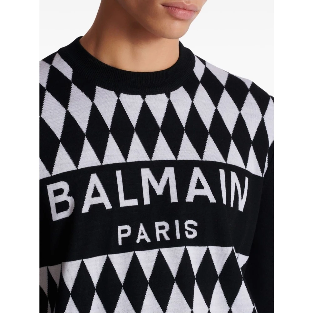 Balmain Zwarte Diamantpatroon Wollen Trui Black Heren