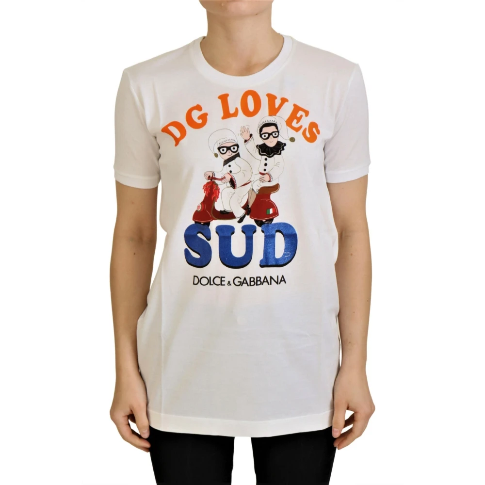 Dolce & Gabbana Women's White T-Shirts, Xs, Colorful Round Neck T-Shirt