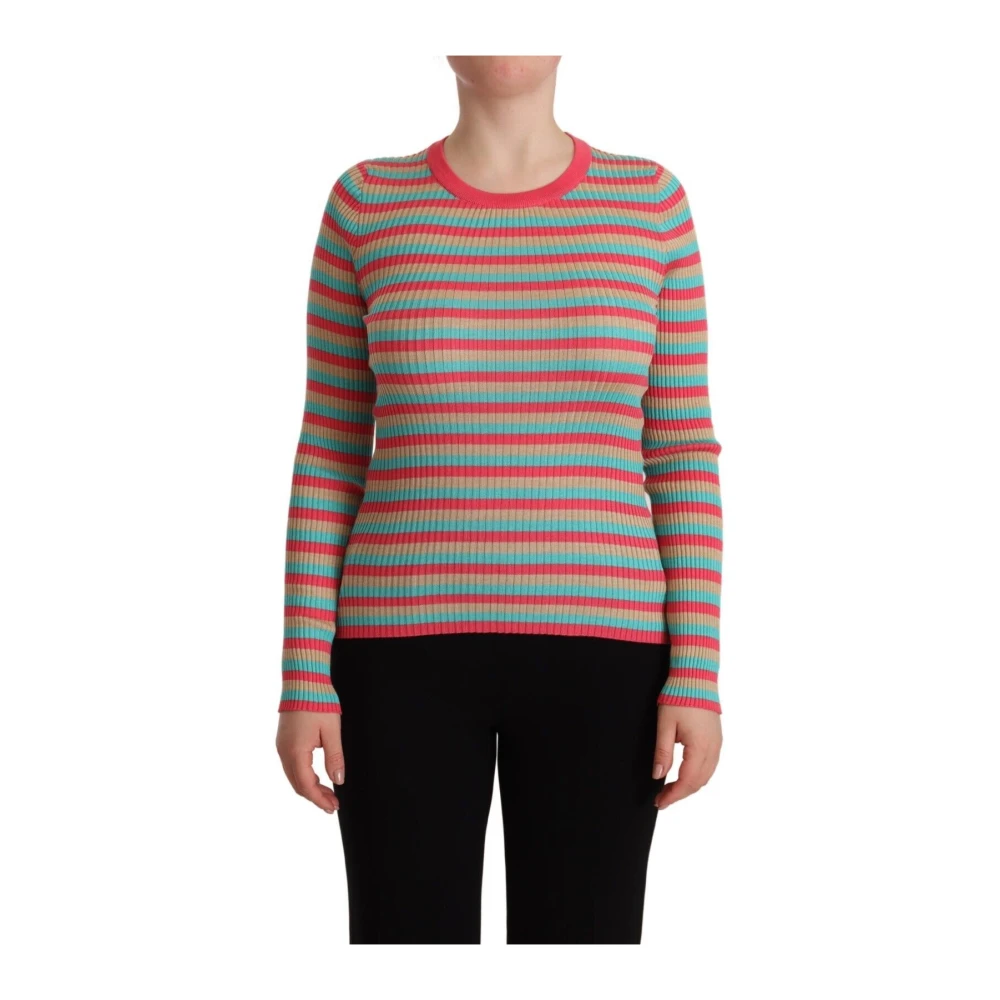 Dolce & Gabbana Women's Multicolor Elegant Striped Silk Crew Neck Pullover - Round-Neck Knitwear - L- Knitwear