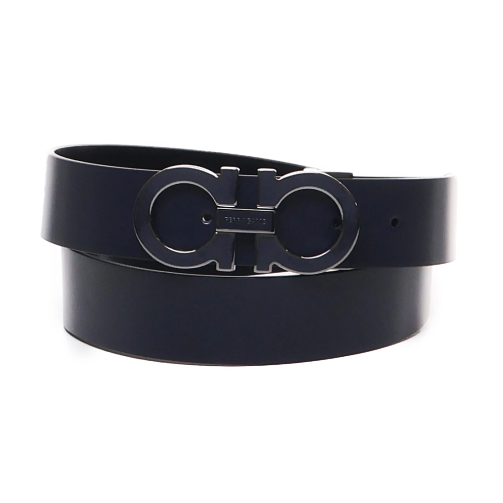 Salvatore Ferragamo Navy Gancini Iconic Buckle Calfskin Riem Blue Heren