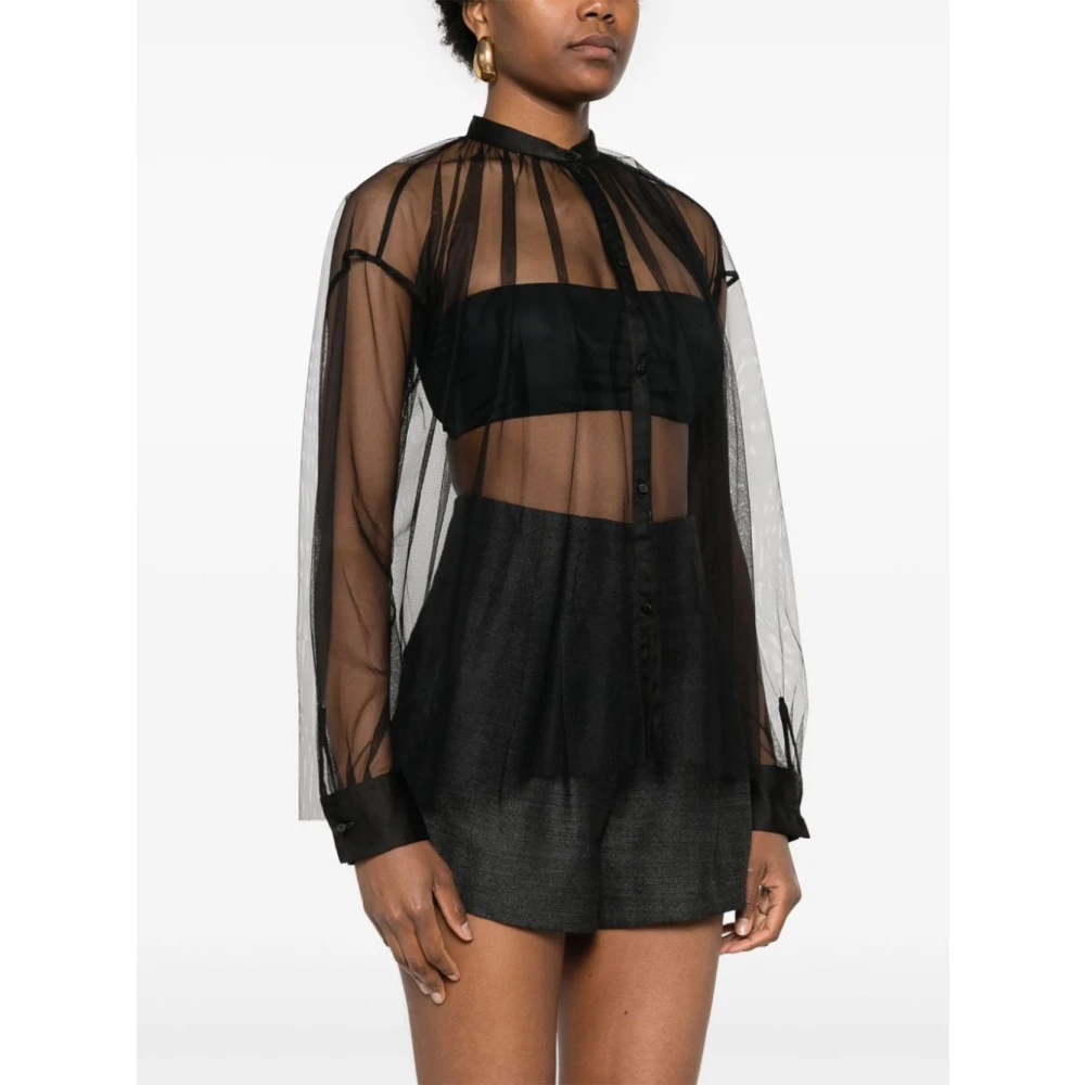 Forte Bohemian Shirt van Tule met Mandarin Kraag Black Dames