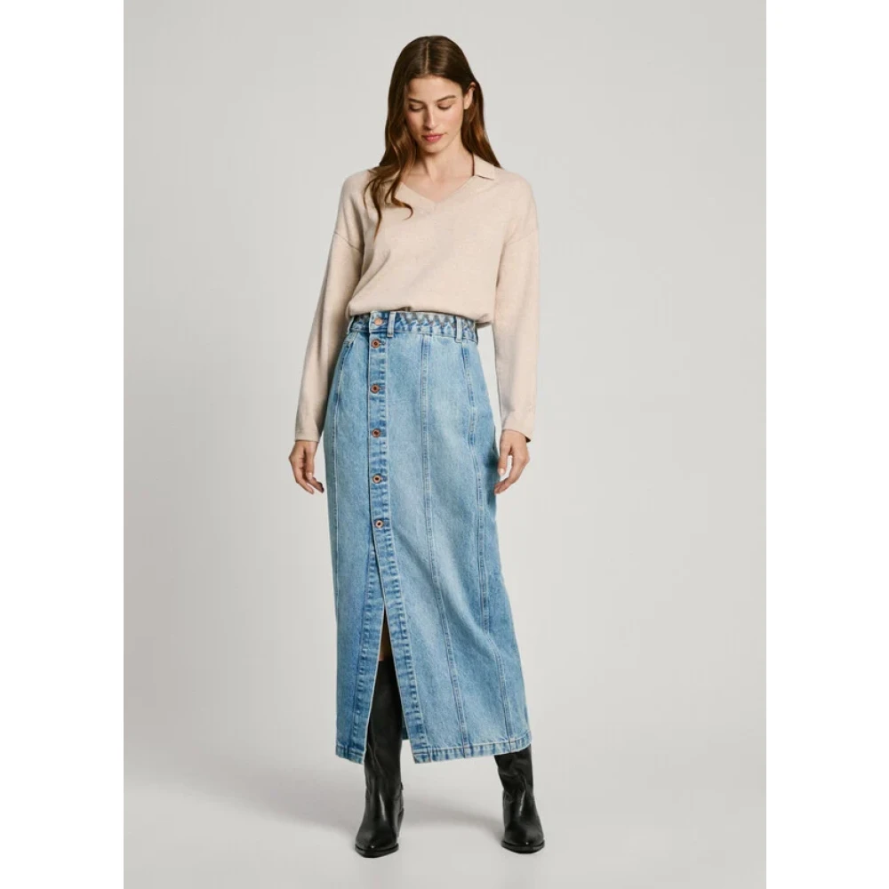 Pepe Jeans Denim Midi Rok met Borduursel Blue Dames