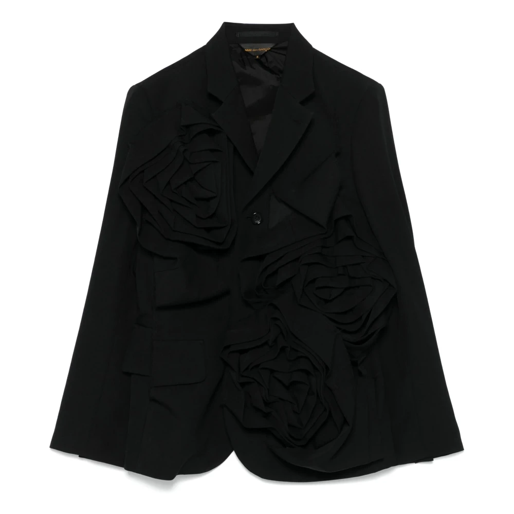 Comme des Garçons Zwarte Wol Bloemen Klassieke Jas Black Dames