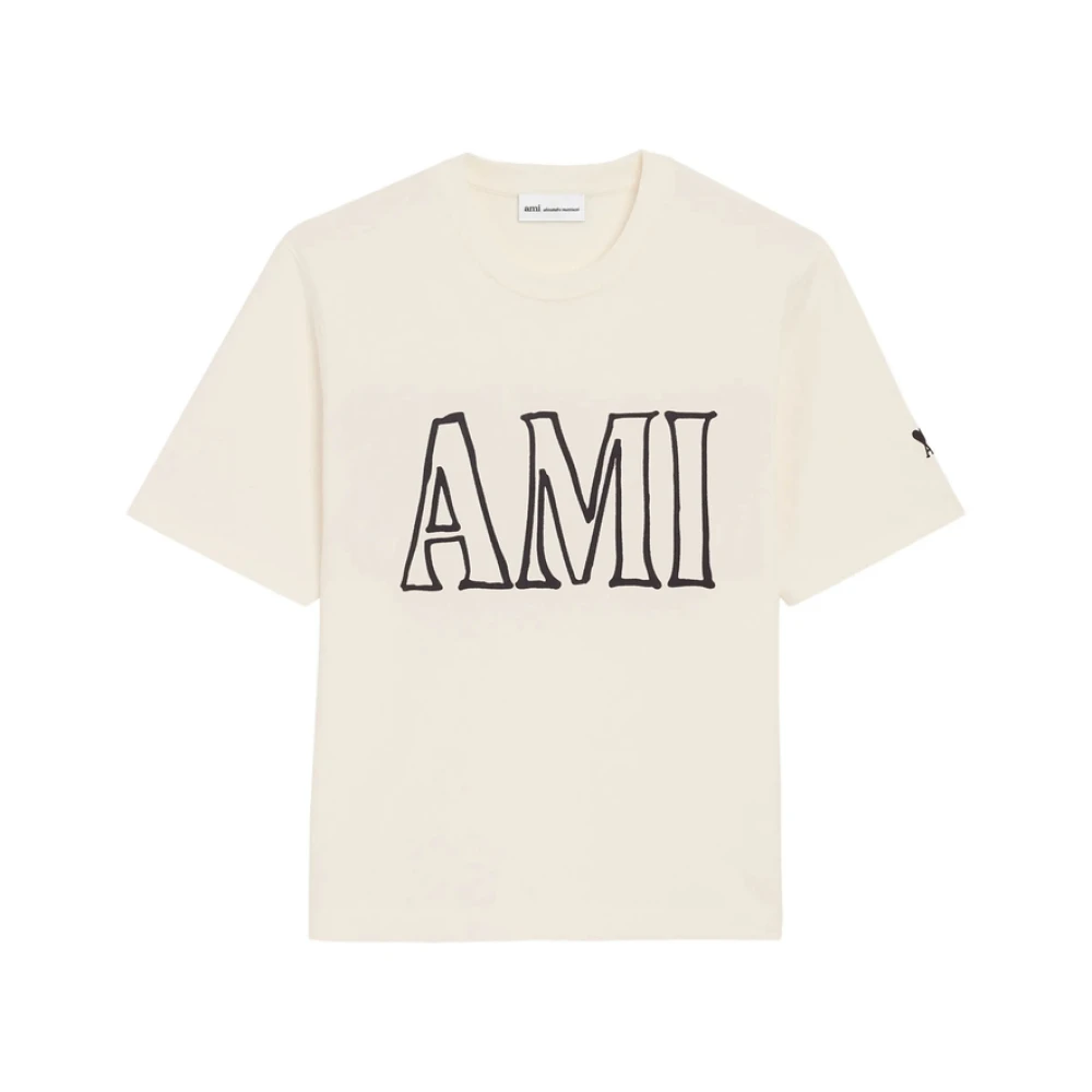 Ami Paris, T-Shirts, male, Beige, Size: S Back and Front Print Crew Neck T-Shirt