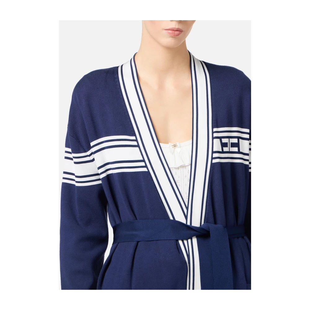 Elisabetta Franchi Blauwe Lange Cardigan met Contrastbanden Blue Dames