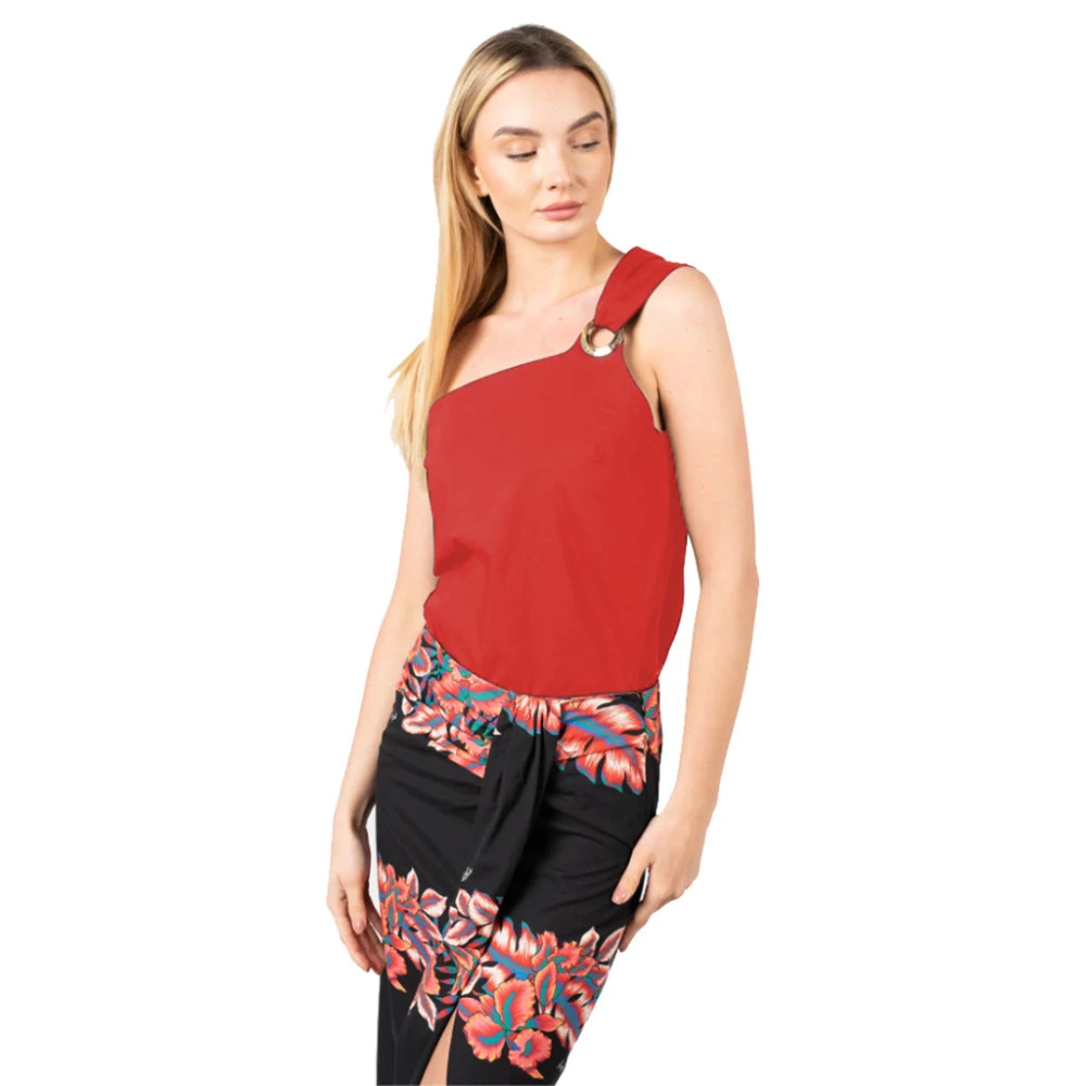 pinko Asymmetrische Katoenen Top met Metalen Ring Red Dames