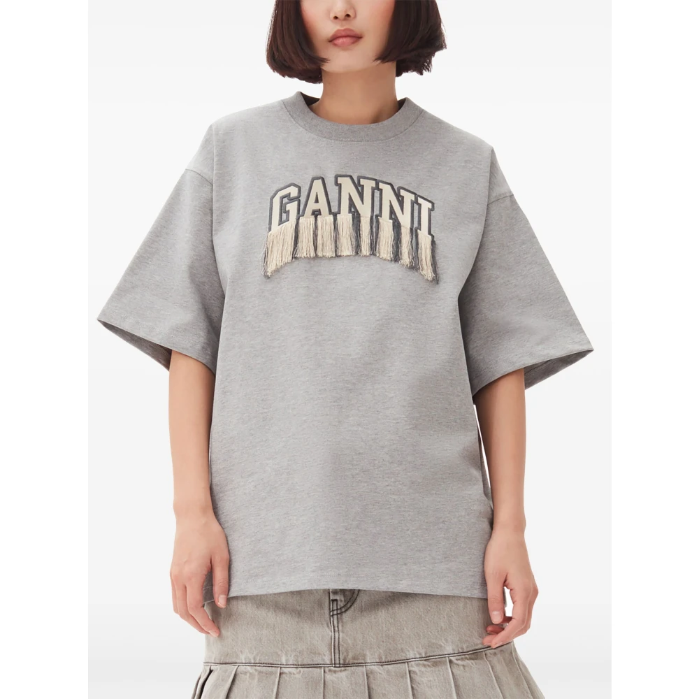 Ganni Fringe Logo T-shirt Gray Dames