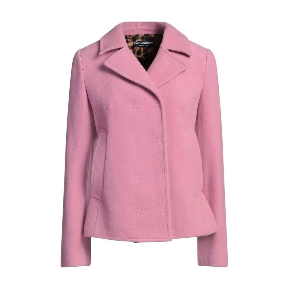 Dolce & Gabbana Roze Wol Kort Jas Luipaardprint Pink Dames