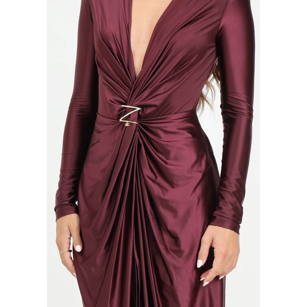 Elisabetta Franchi Bordeaux Jurk met Lange Mouwen en Split Red Dames