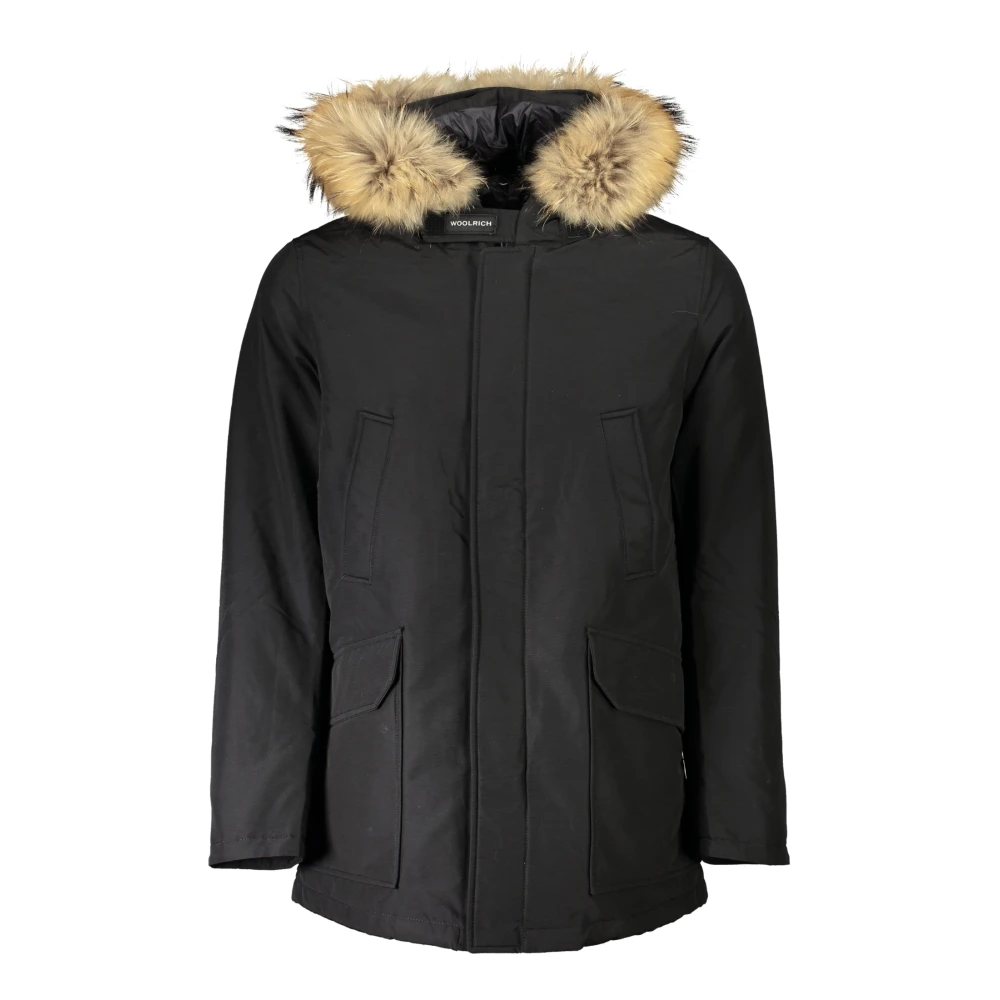 Woolrich Zwarte Katoenen Jas met Capuchon en Afneembare Bont Black Dames