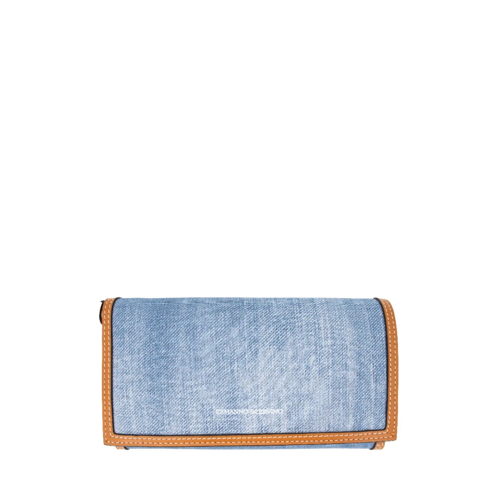 Ermanno Scervino Denim Textuur Portemonnee met Schouderband Blue Dames