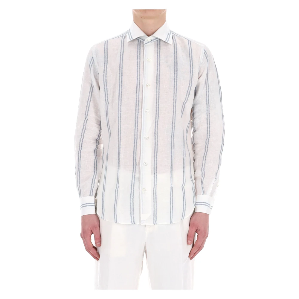 Eleventy Men's White Casual Shirts, 3XL, Striped Linen Shirt