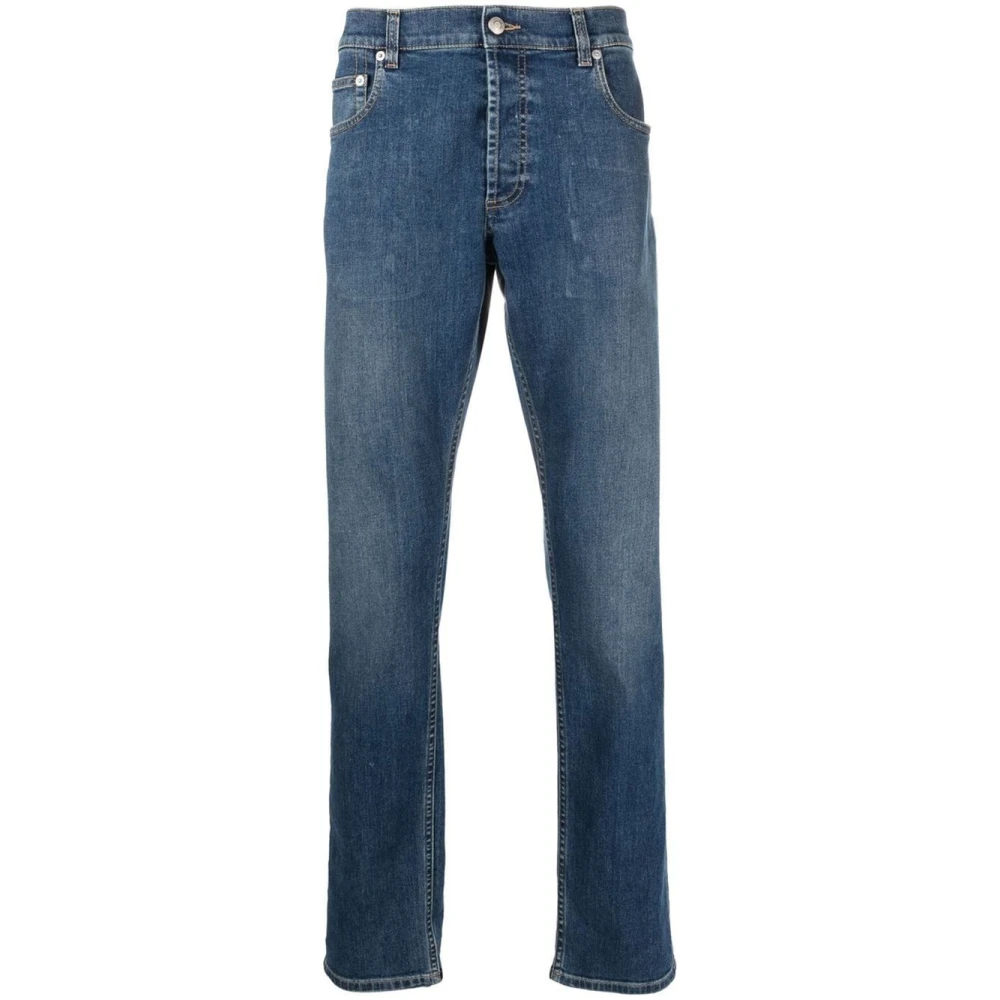 Alexander McQueen Slim-Fit Jeans, Indigo Blå, Broderad Logotyp Blue, Herr