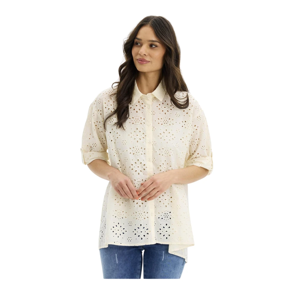 In Front Women's Beige Embroidered Shirt In Cream - Shirts - L - Blouses & Shirts