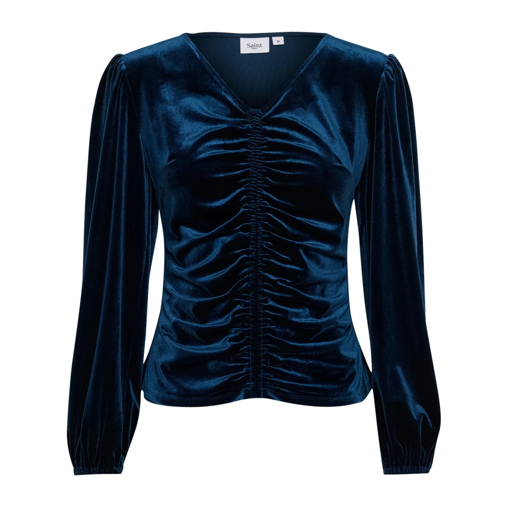 Saint Tropez Elegant Hebasz Blus med Rynkad Front Blue, Dam