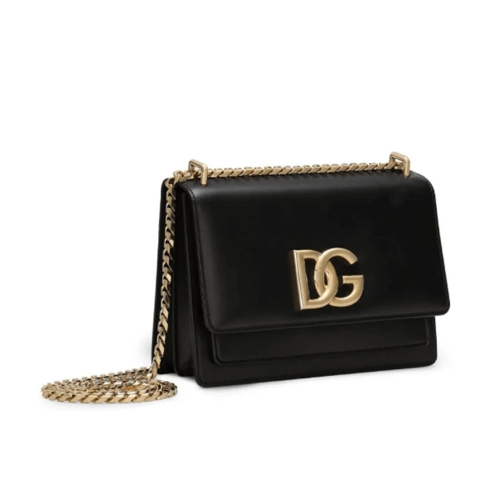Dolce & Gabbana Zwarte Leren Crossbody Tas met Gouden Logo Plaque Black Dames