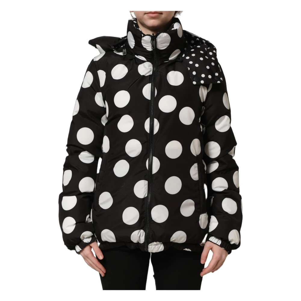 Dolce & Gabbana Winter Jackets, Female, 2XS, White Polka Dot Hooded Blouson Jacket Black
