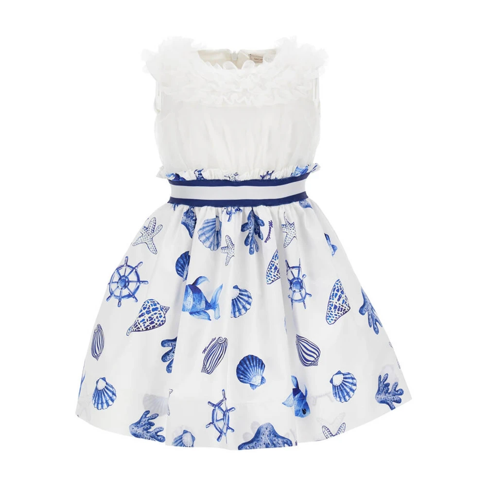 Monnalisa Girls White Dresses, 5 Y, Cotton Dress With Tulle Top