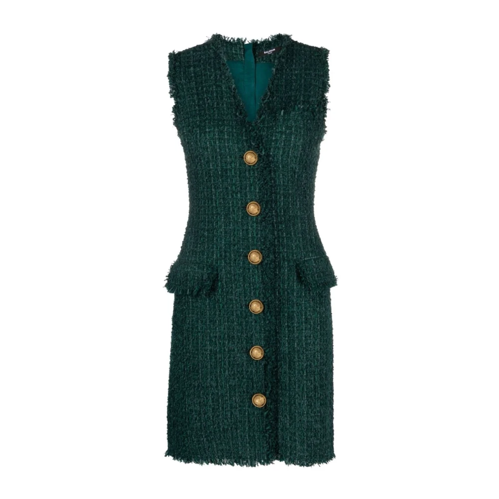 Balmain Green V-Neck Buttoned Tweed Dress - Female - Short Dresses - Xs - Dresses