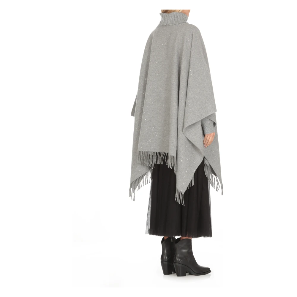 Fabiana Filippi Grijze wollen cape met pailletten en franjes Gray Dames