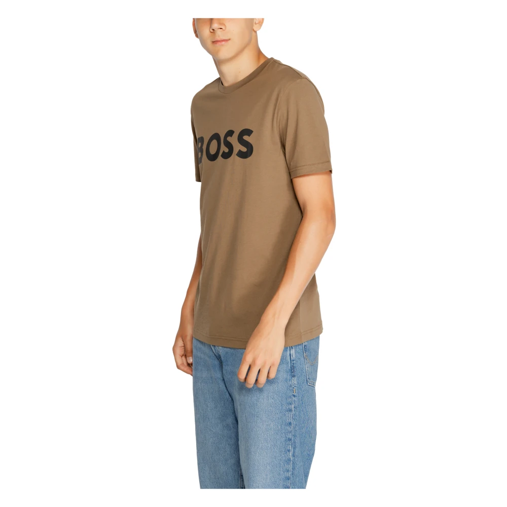 Boss Bedrukt katoenen T-shirt met ronde hals Brown Heren