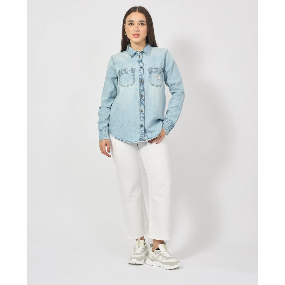Guess Blauwe Denim Overhemd met Klassieke Kraag Blue Dames