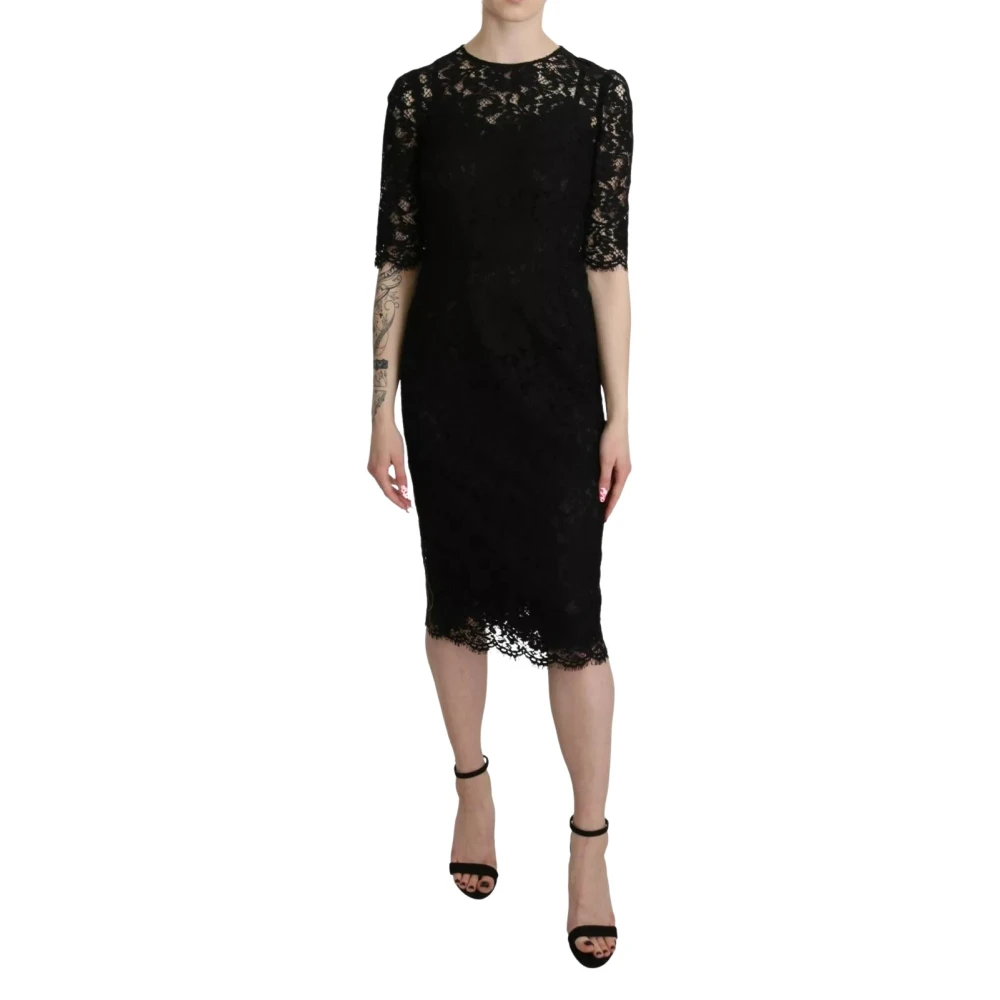 Dolce & Gabbana Vrouw Zwart Kleedjes Dames, S, Katoen, Floral Lace Sheath Knie Lengte Jurk