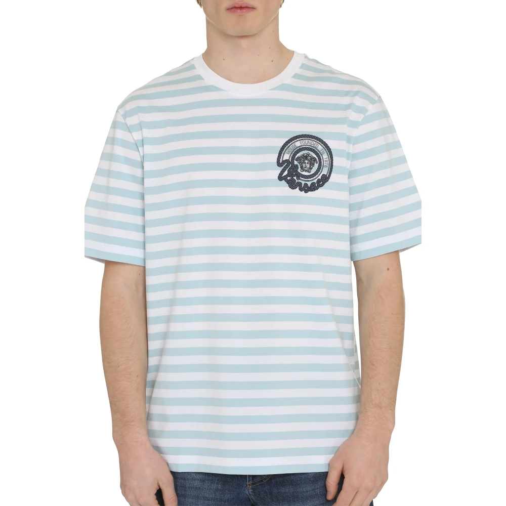 Versace Gestreept katoenen T-shirt met geribbelde halslijn Blue Heren