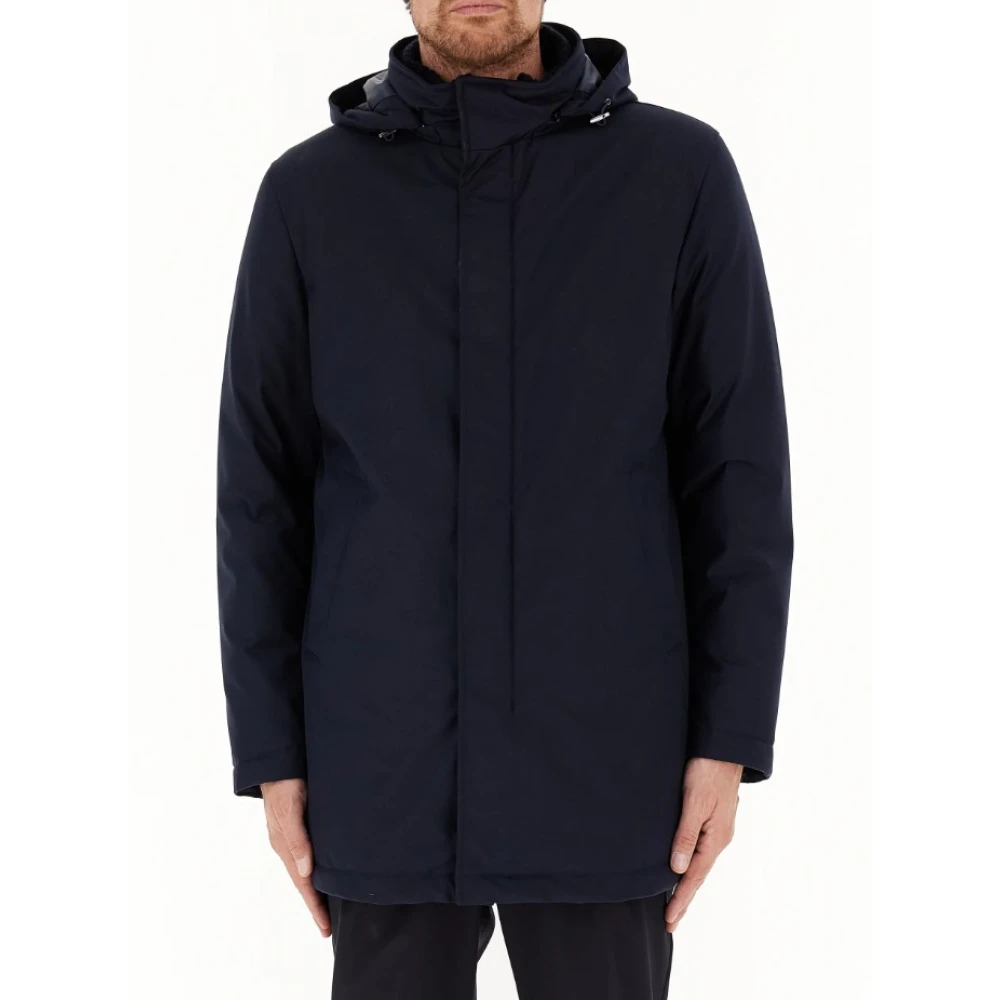 Herno Blauwe Lange Donsjas met Afneembare Capuchon Blue Heren