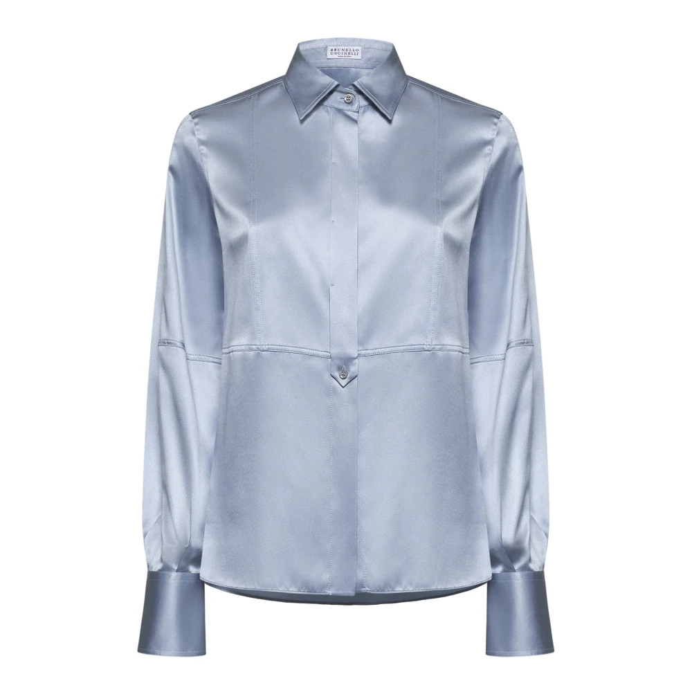 BRUNELLO CUCINELLI Licht Denim Zijden Satijnen Overhemd Blue Dames
