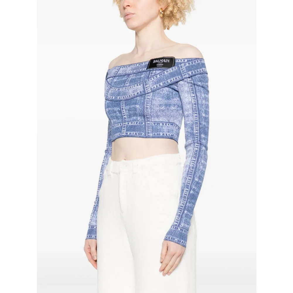 Balmain Denim Effect Longsleeve Top met Logo Blue Dames