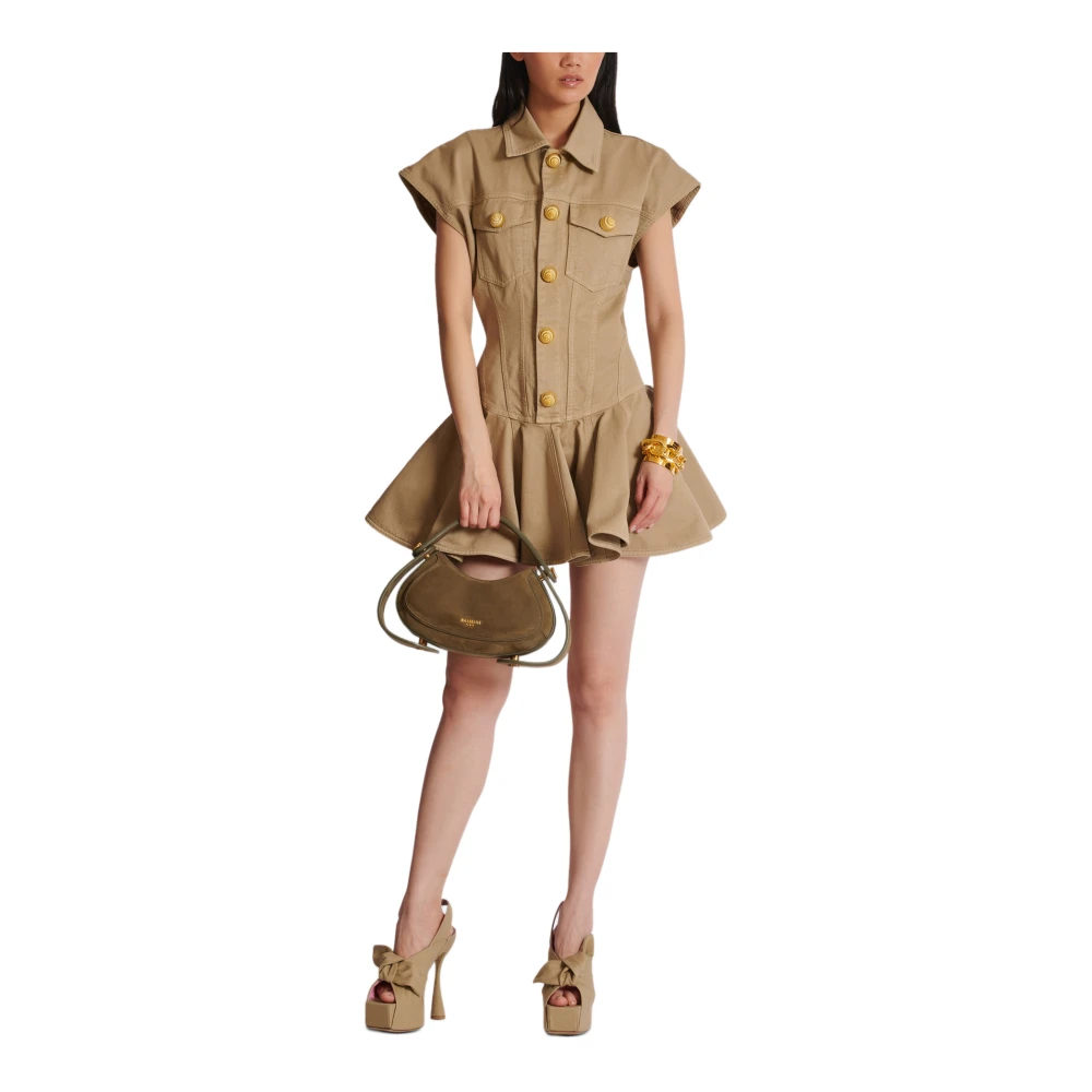 Balmain Wijd uitlopende jurk van katoenen canvas Beige Dames