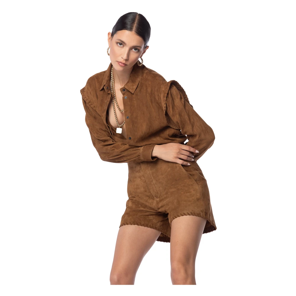 MVP wardrobe Suède Overhemd met Gevlochten Detail Brown Dames