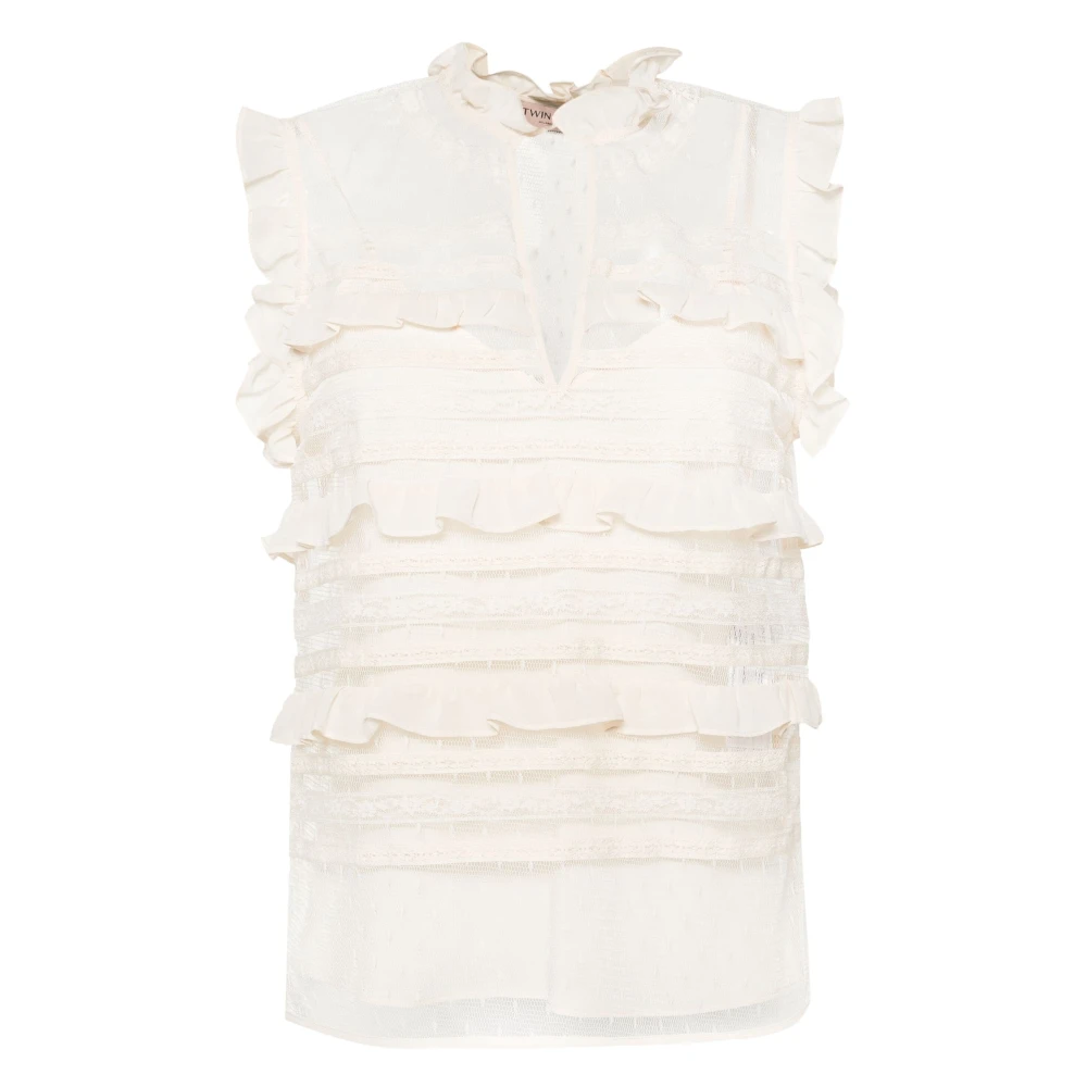 Twinset Women's Beige Plumetis Tulle And Lace Top