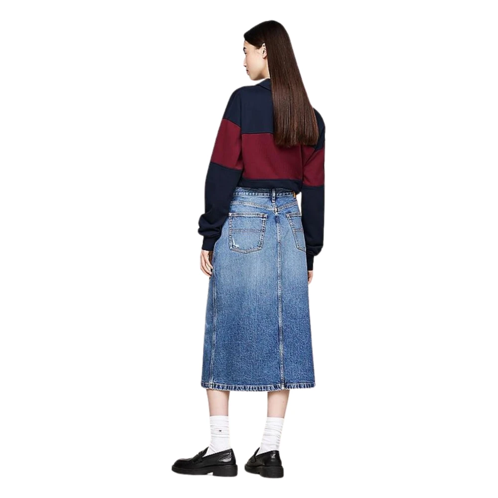 Tommy Hilfiger Distressed Denim Midi Rok Blue Dames