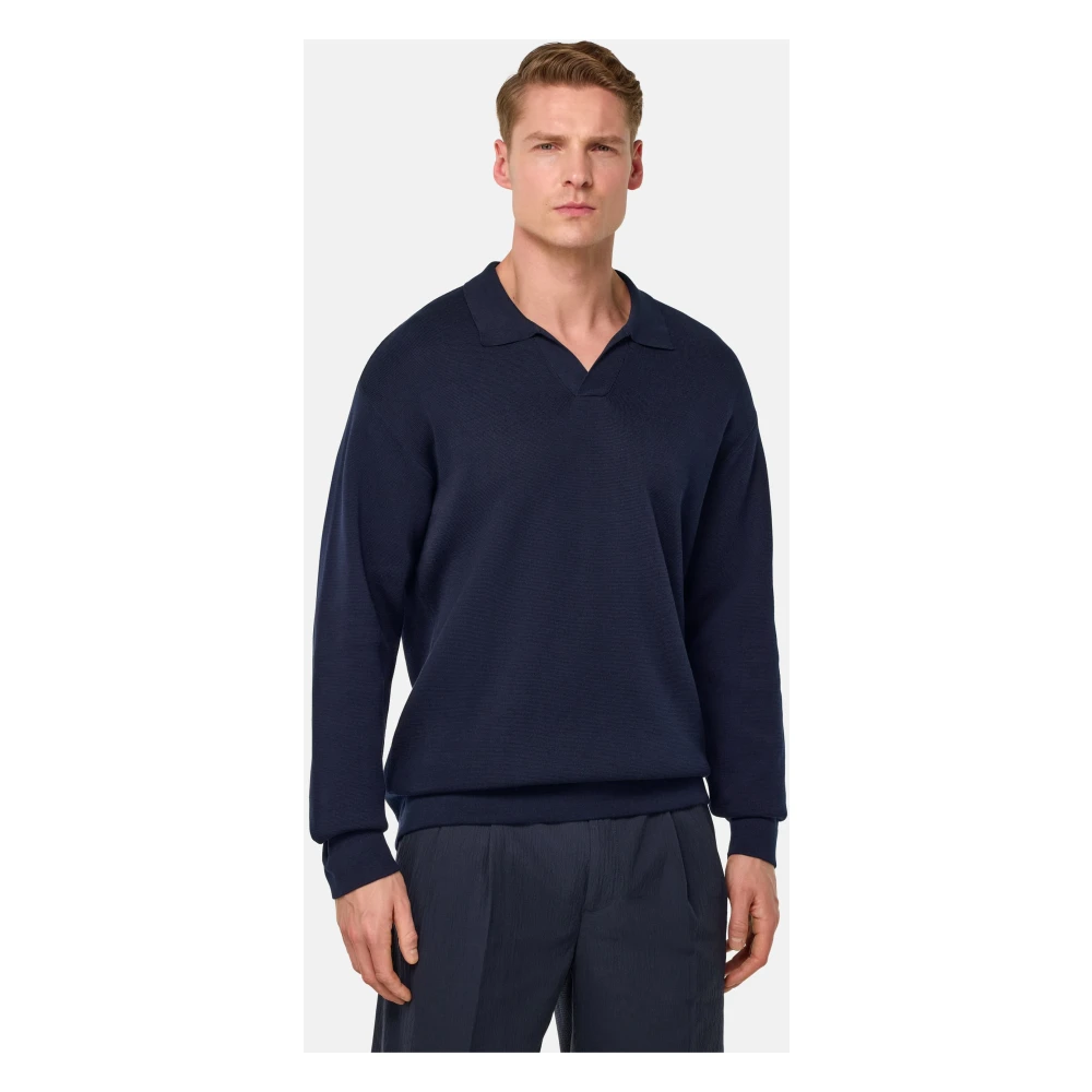 Boggi Milano Katoenen en zijden gebreid poloshirt Blue Heren