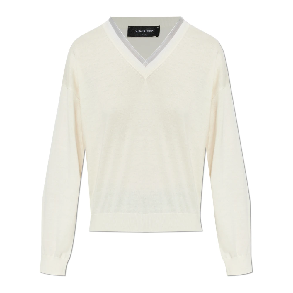Fabiana Filippi Women's Beige V-Neck Jumper - V-Neck Knitwear - M - Knitwear