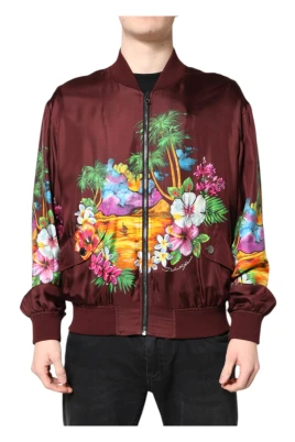 Maroon Blommig Silke Bomberjacka