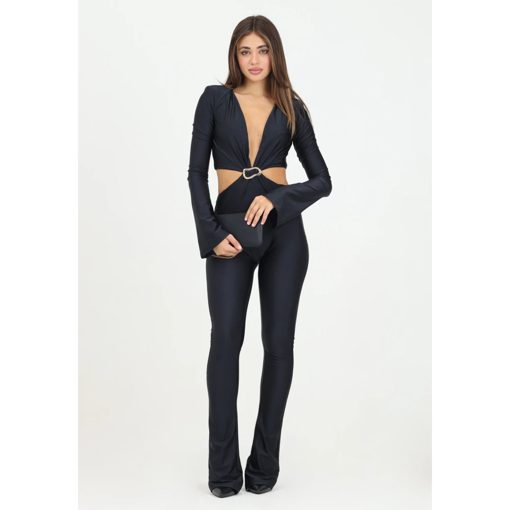 Amen Zwarte Elegante Aansluitende Jumpsuit met Juweeldetail Black Dames