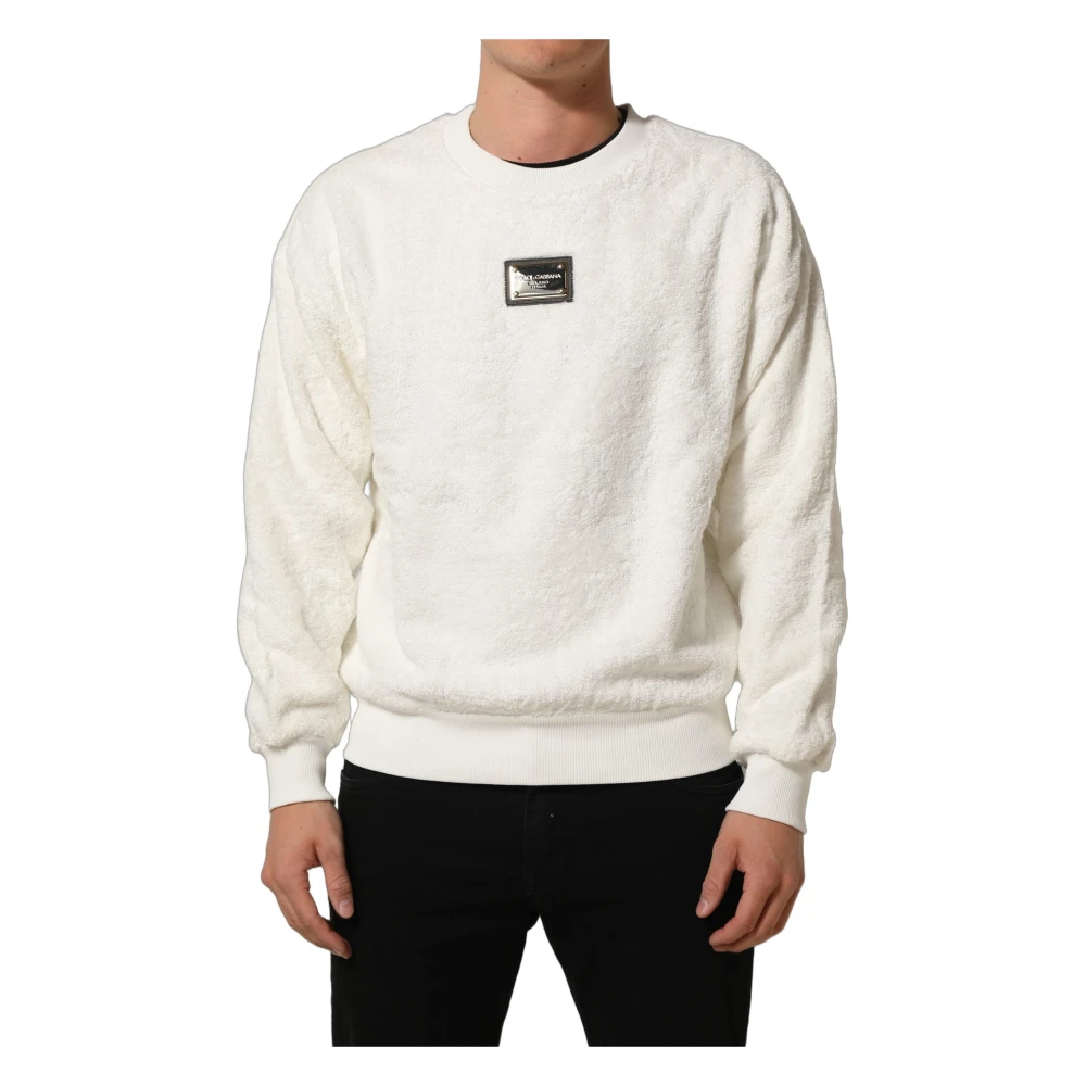 Dolce & Gabbana , Sweatshirts, Male, White, L, Jersey Sweatshirt With Logo Plate