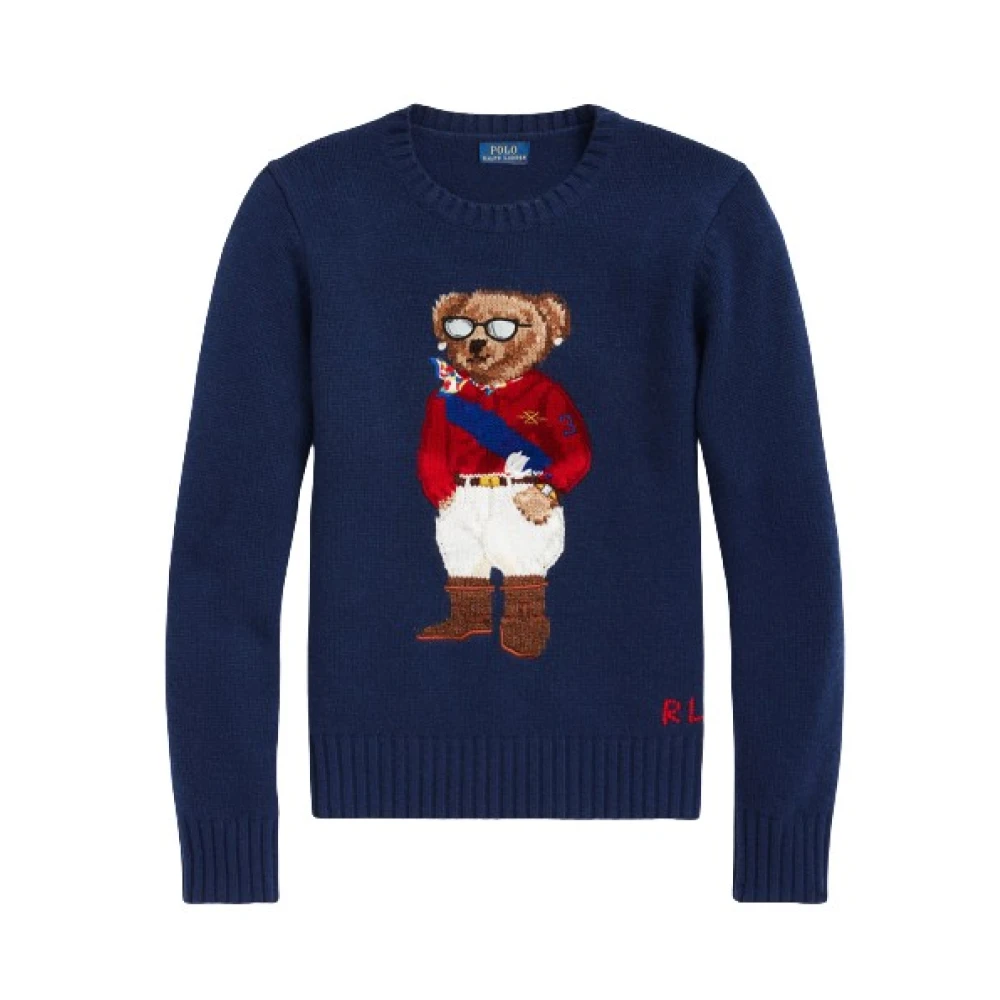 Polo Ralph Lauren Cashmere Wol Jockey Trui met Beer Blue Dames