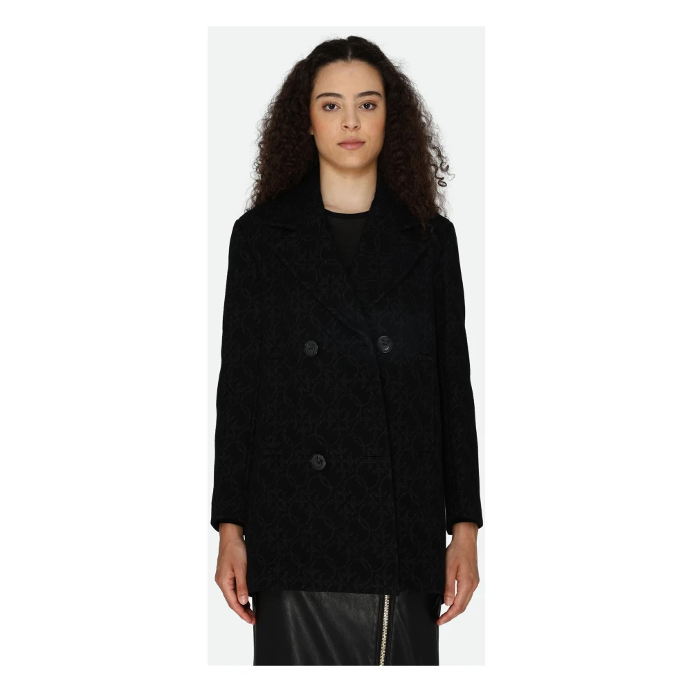 pinko Korte Zwarte Double-Breasted Jas met Logoprint Black Dames