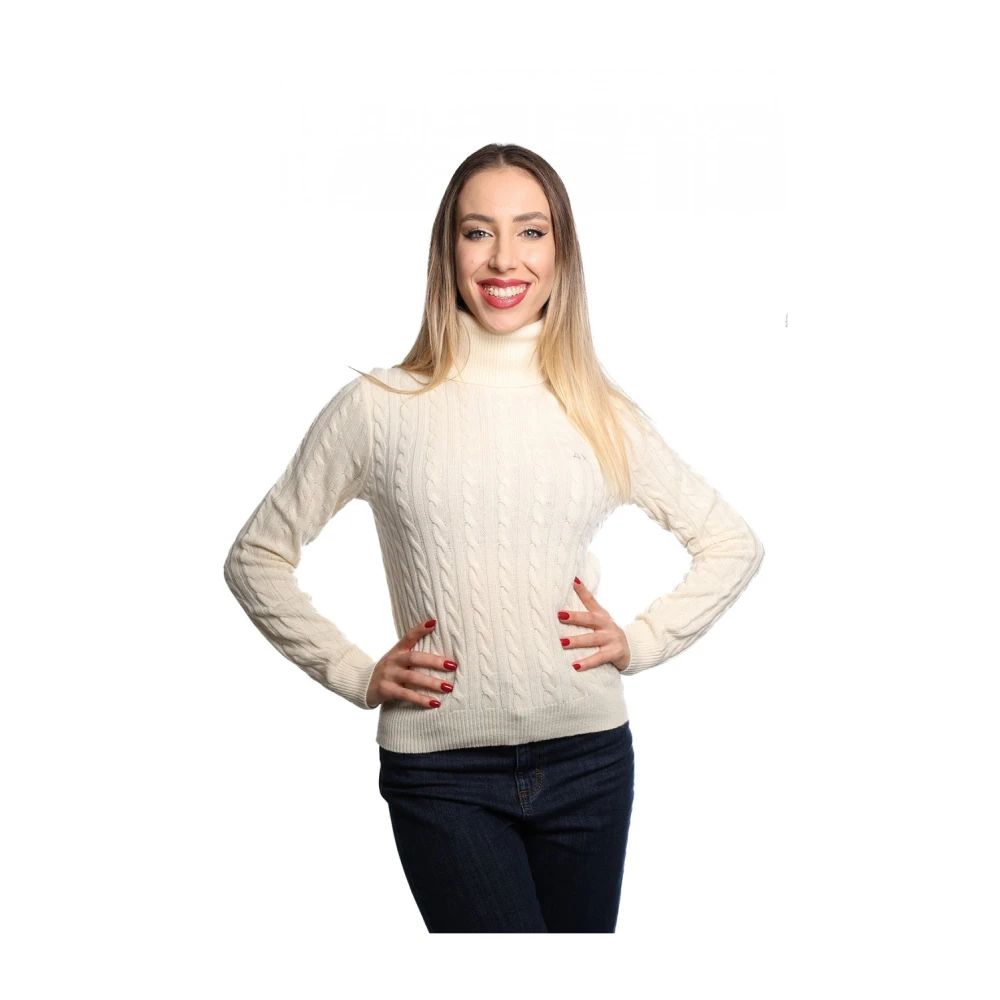 Sun68 Hoge hals Gebreide Trui met Vlechtpatroon Beige Dames