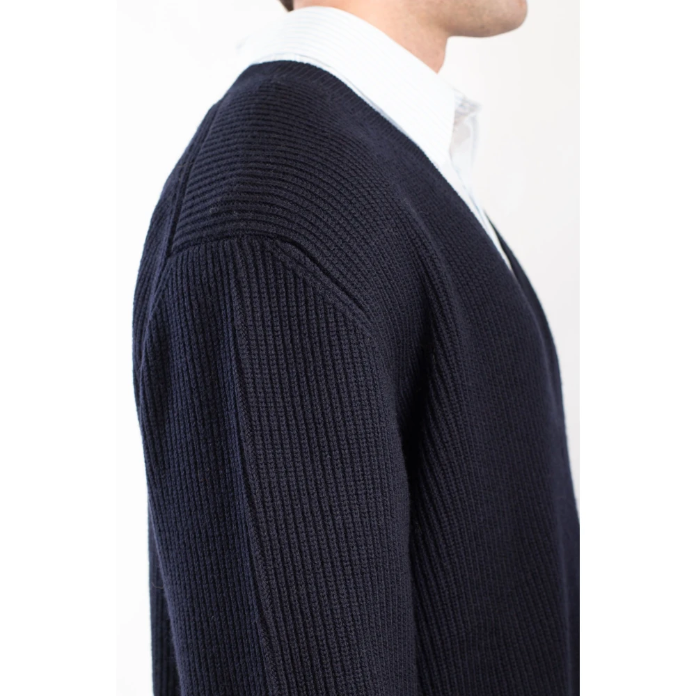 Seven Gauge Geribbelde Merinos V-hals Trui Blue Heren