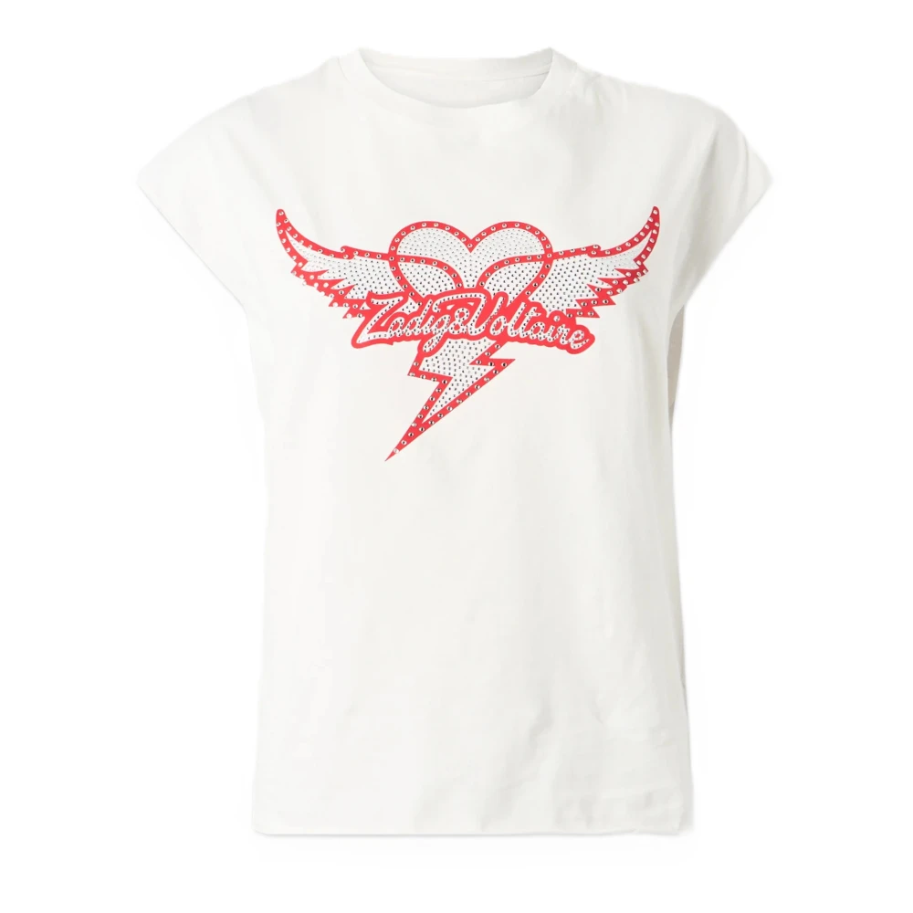 Zadig & Voltaire Women's White T-Shirts, S, Cloe Hc Heart Wings Rhinestone T-Shirt